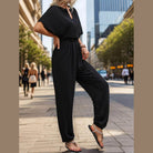Notched Half Sleeve Straight Jumpsuit - VacationGrabs