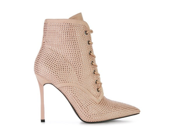 Rag Company nude sparkly lace up booties with pointed toe and stiletto heel for stylish footwear