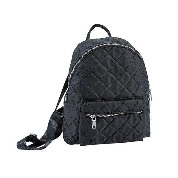 Bella Chic nylon quilted fashion backpack with stylish black design and front zip pocket