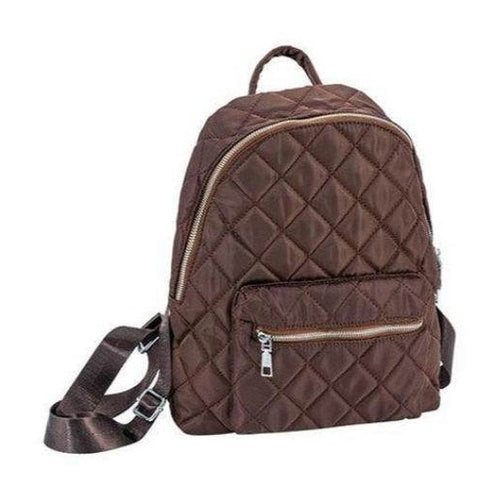 Bella Chic nylon quilted fashion backpack in brown with zippered front pocket and adjustable straps