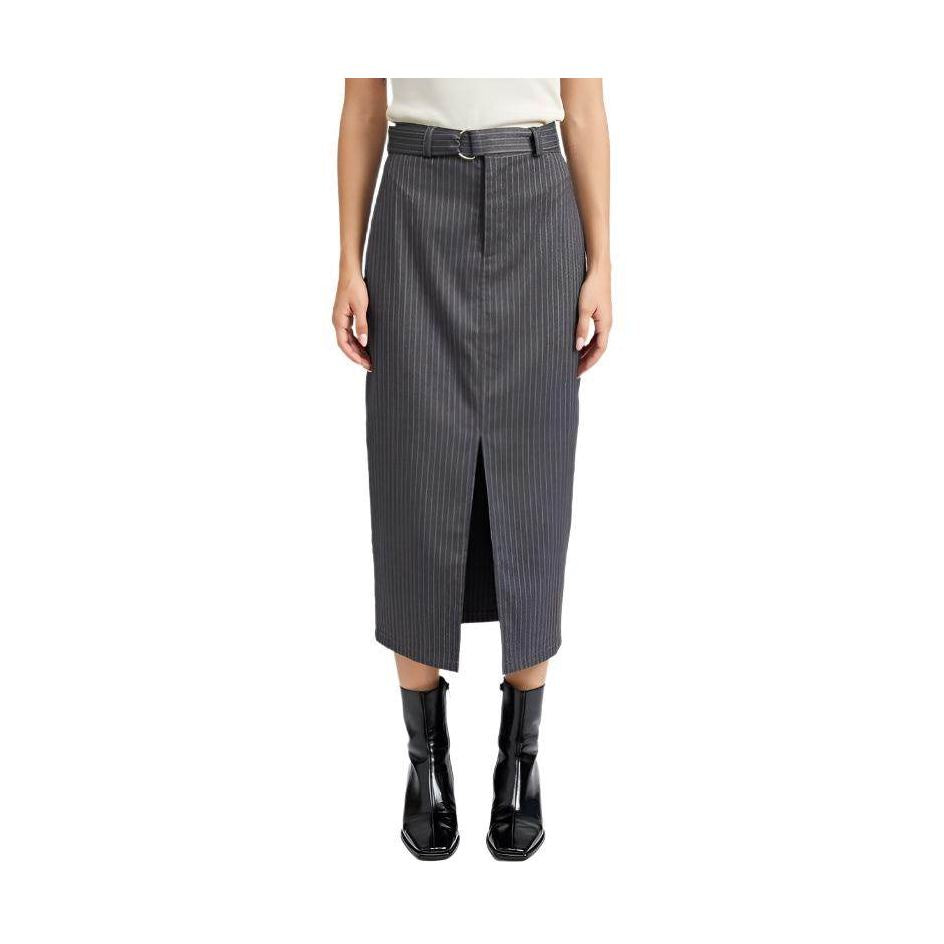 Emory Park Office Ready Midi Skirt in gray with pinstripes and a front slit for a chic office look