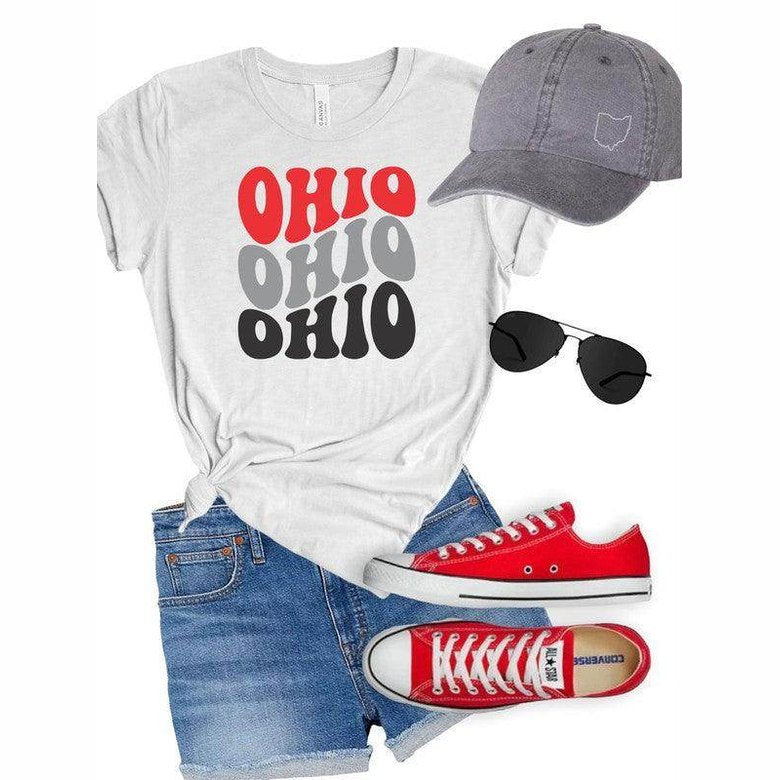 Ocean and 7th Ohio vacation shirt in gray and red paired with denim shorts and accessories
