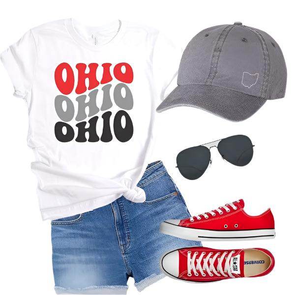 Women’s Ohio vacation shirt featuring bold Ohio text, styled with denim shorts and accessories