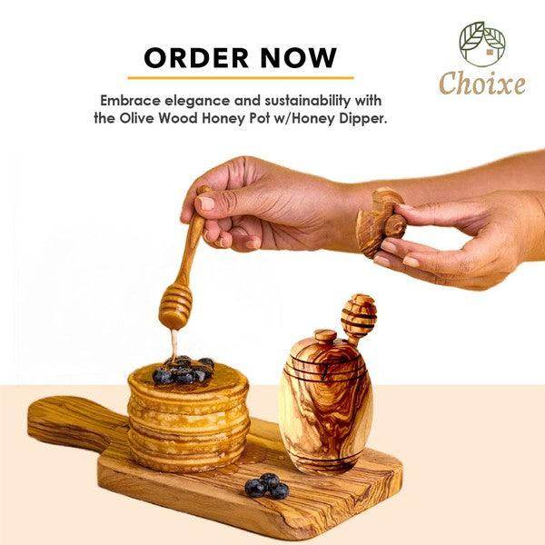 Olive Wood Honey Pot w/Honey Dipper - VacationGrabs