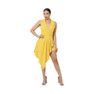 Stylish yellow one piece romper for women with a deep v-neck and asymmetrical hemline
