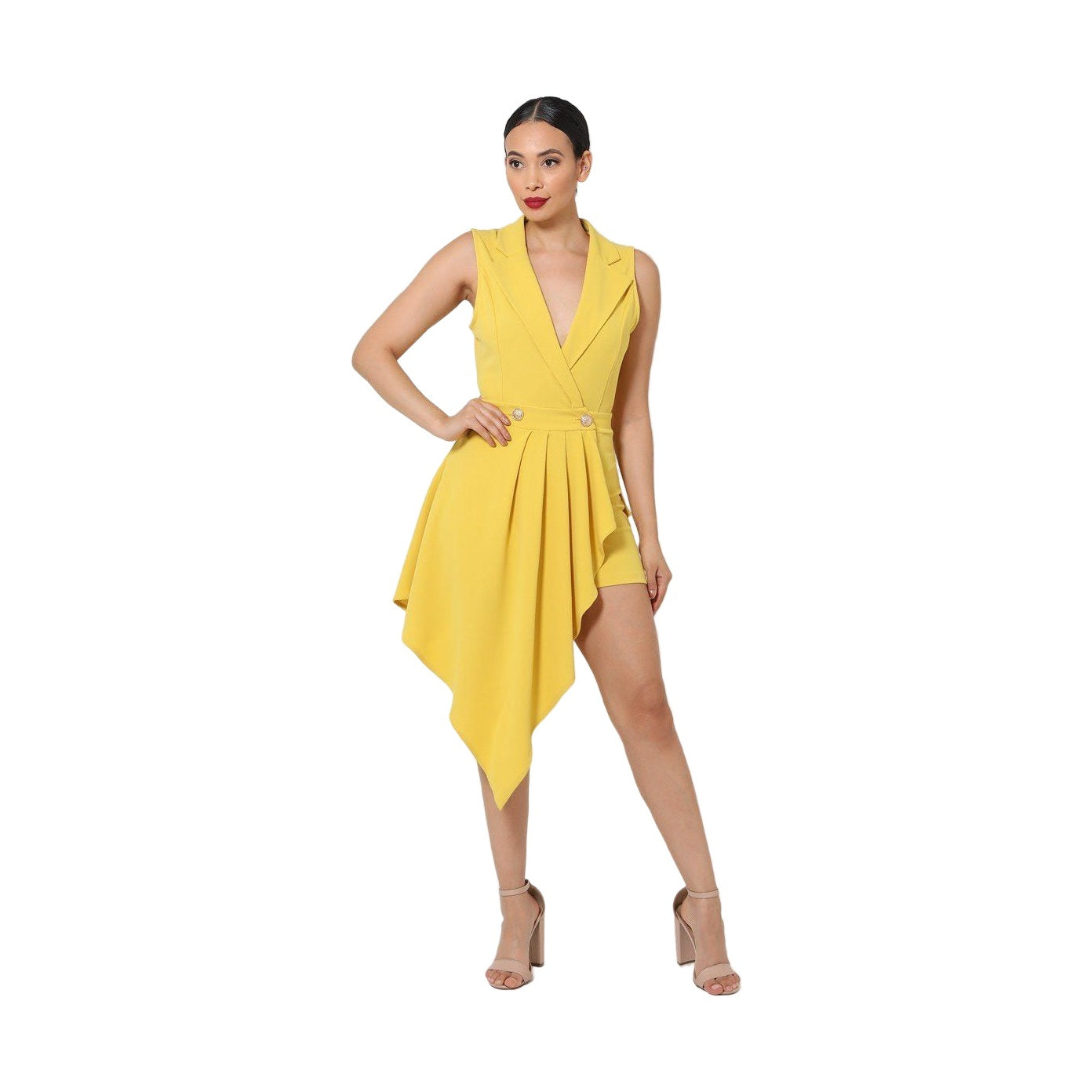 Stylish yellow one piece romper for women with a deep v-neck and asymmetrical hemline