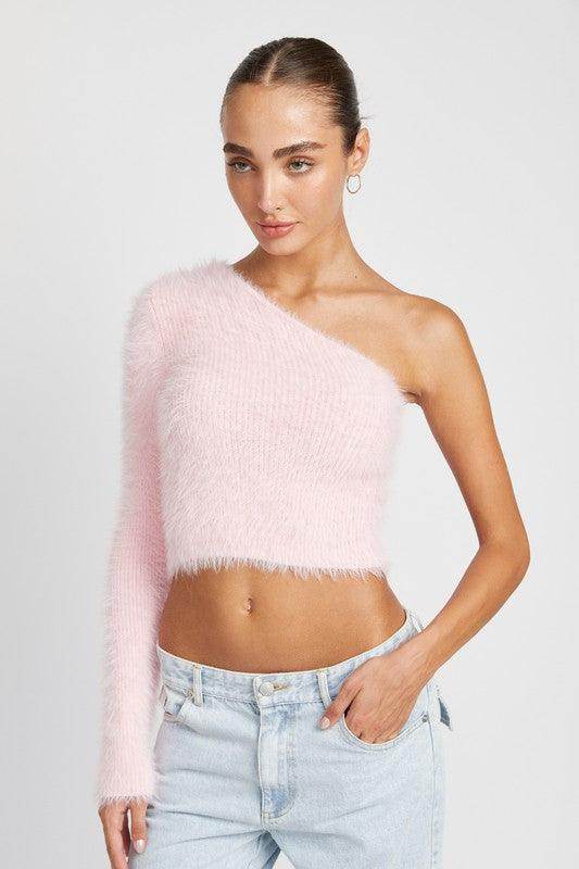 One Shoulder Fluffy Sweater Top - VacationGrabs