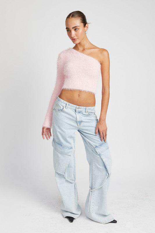 One Shoulder Fluffy Sweater Top - VacationGrabs