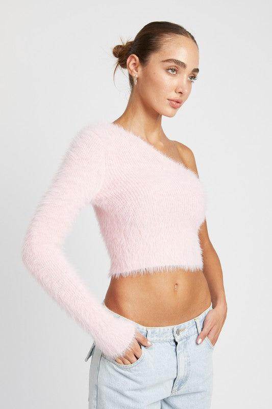 One Shoulder Fluffy Sweater Top - VacationGrabs