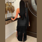 VacationGrabs one shoulder fringe dress in black with long fringes and asymmetrical design