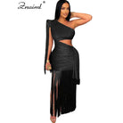 Black one shoulder fringe dress with cutout waist and long fringe detailing