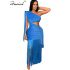 Blue one shoulder fringe dress with cutout waist and long fringe details on sleeve and skirt