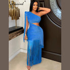 Elegant blue one shoulder fringe dress with cutout waist and long fringe detailing for stylish occasions