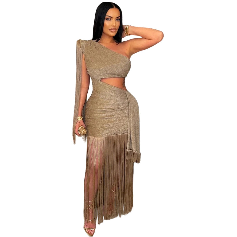 Elegant gold one shoulder fringe dress with cutout and long fringe detailing by VacationGrabs