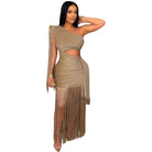 Elegant gold one shoulder fringe dress with cutout and long fringe detailing by VacationGrabs