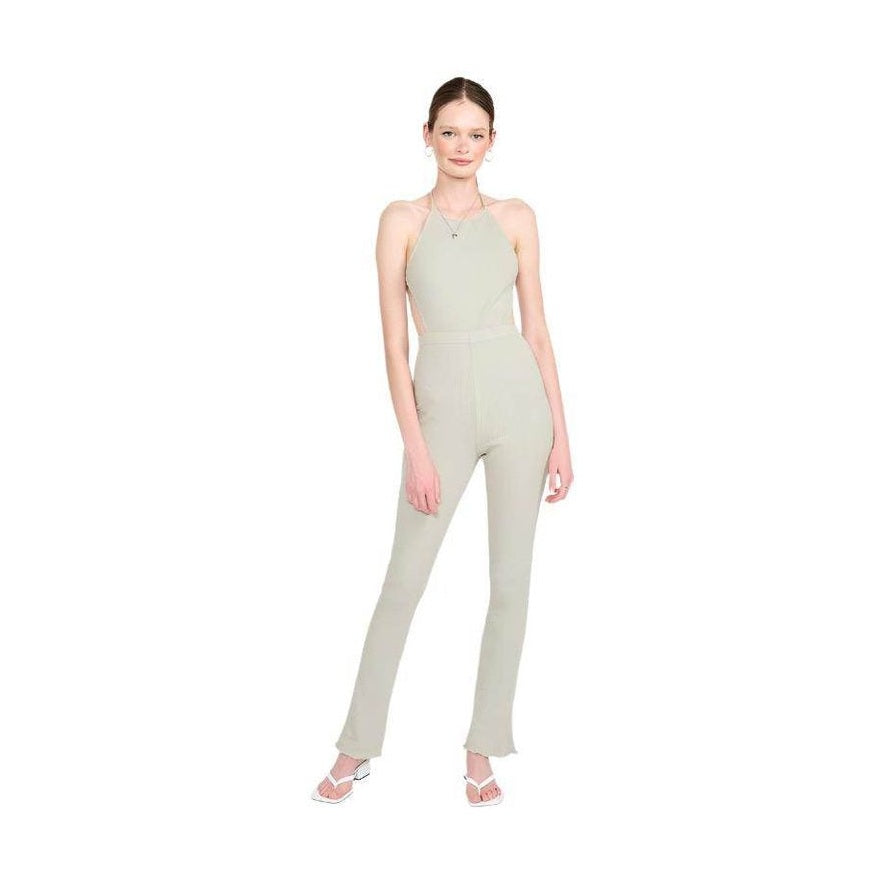 Emory Park open back jumpsuit vacation in light green with sleek design and halter neck