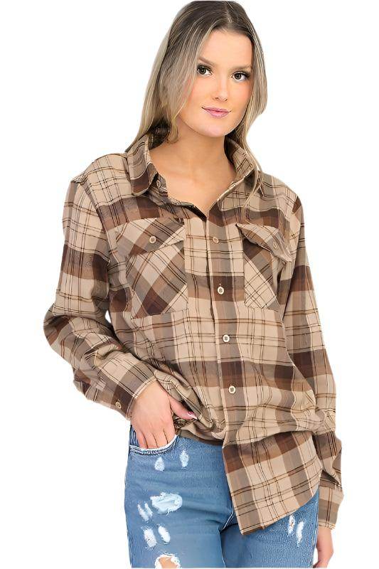 Oversized Checker Plaid Flannel Long Sleeves - VacationGrabs