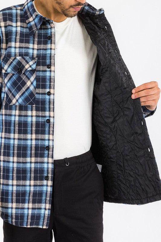 WEIV Men's Padded Flannel for Men with a Blue Plaid Design and Quilted Lining for Extra Warmth
