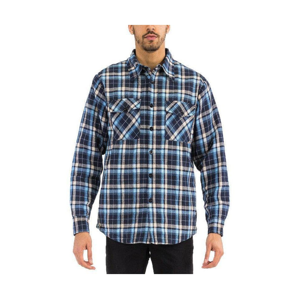 WEIV padded flannel for men in blue plaid design with button-down front and chest pockets