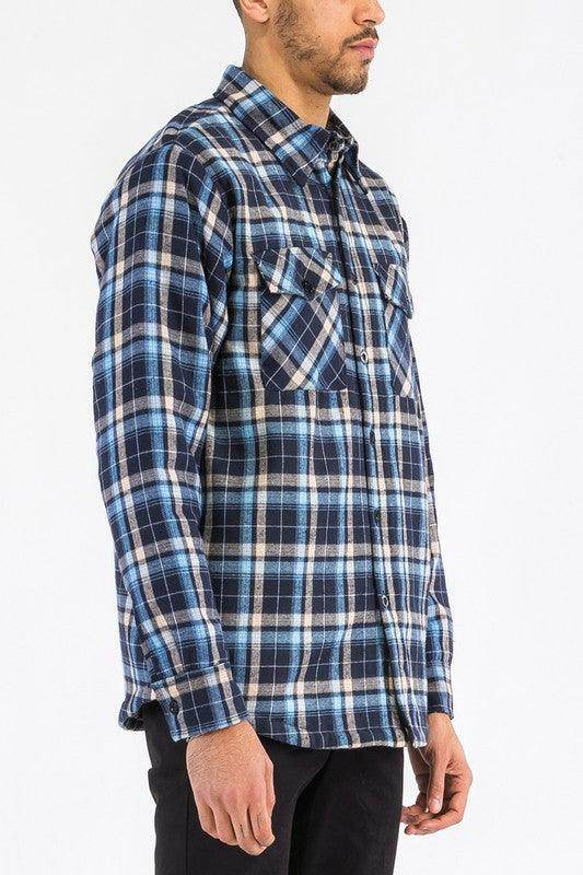 WEIV padded flannel for men in blue checkered design with button chest pockets