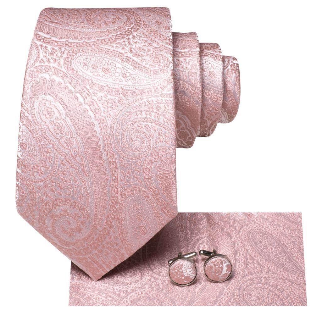VacationGrabs Pink Paisley Necktie for Weddings with Matching Pocket Square and Cufflinks