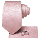 VacationGrabs Pink Paisley Necktie for Weddings with Matching Pocket Square and Cufflinks