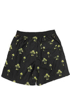 Men's palm tree print swim shorts by WEIV featuring vibrant yellow palm trees on a black background