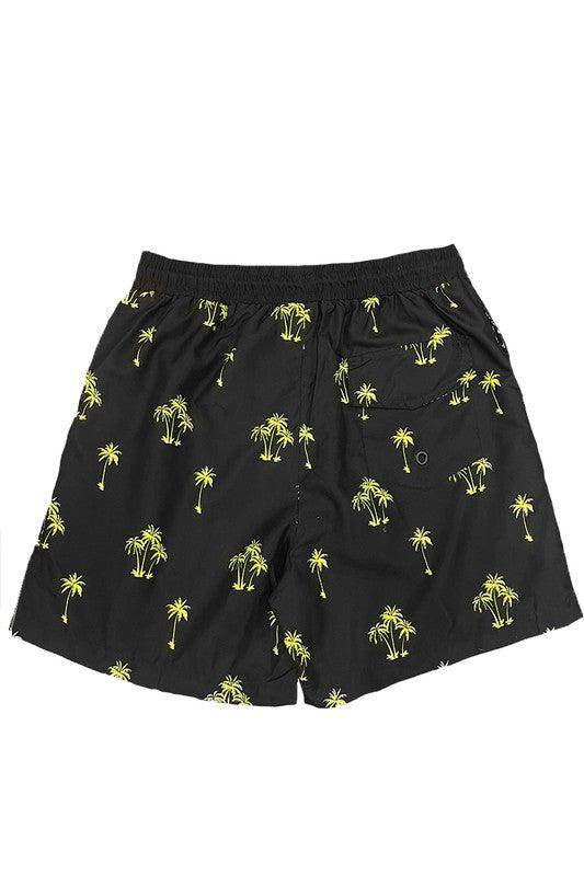 Men's palm tree print swim shorts by WEIV featuring vibrant yellow palm trees on a black background