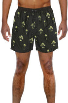 Men's Swimwear by WEIV featuring palm tree print swim shorts in black with vibrant yellow palm designs
