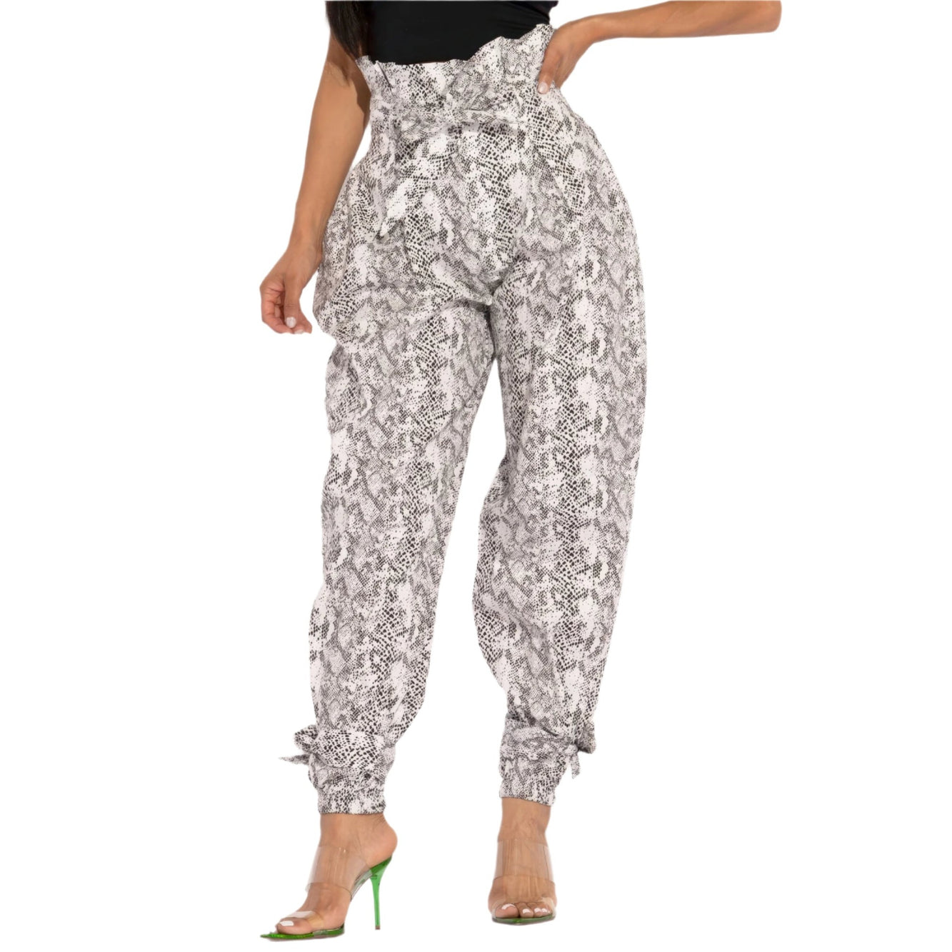VacationGrabs paper bag waist pants for women in black and white snake print with ankle ties