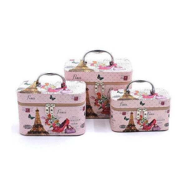 Paris themed cosmetic case set in three sizes with Eiffel Tower design and vibrant floral accents