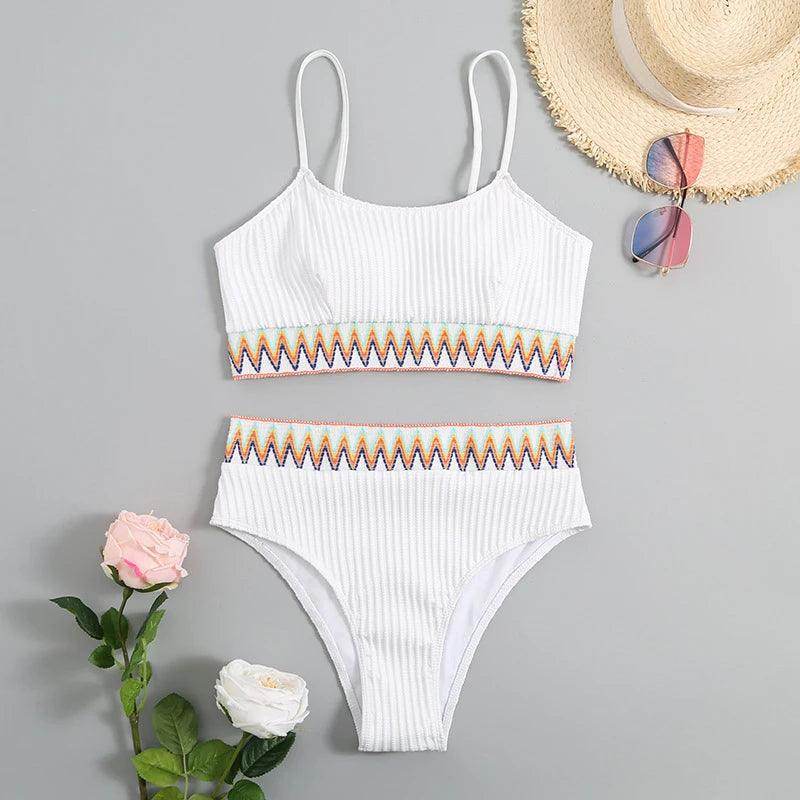 Women's patchwork Brazilian bikini set in white, ideal for beachwear
