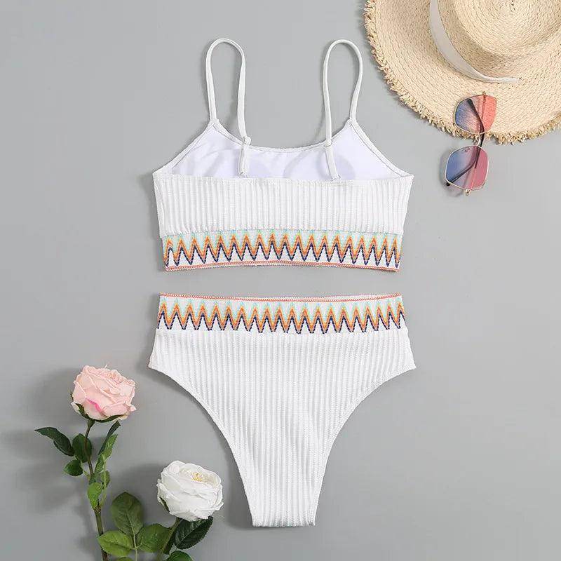 VacationGrabs patchwork Brazilian bikini set, white, ribbed fabric, beachwear