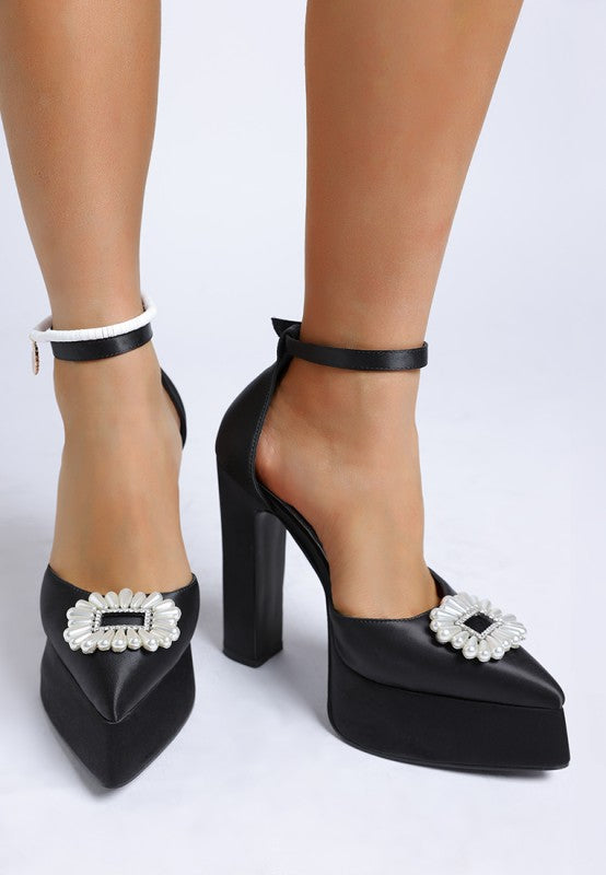 Women's black pearl detail block heel sandals for elegant occasions