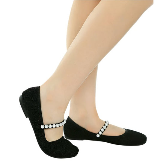 Rag Company women's black pearl detail Mary Jane flats with pearl strap embellishments