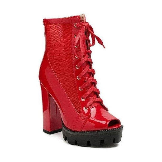 Peepque Peep Toe Lace-Up Booties - VacationGrabs