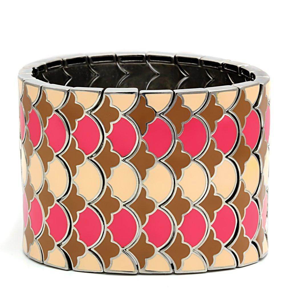Colorful pink and brown stretch bracelet with a decorative pattern for women's fashion.
