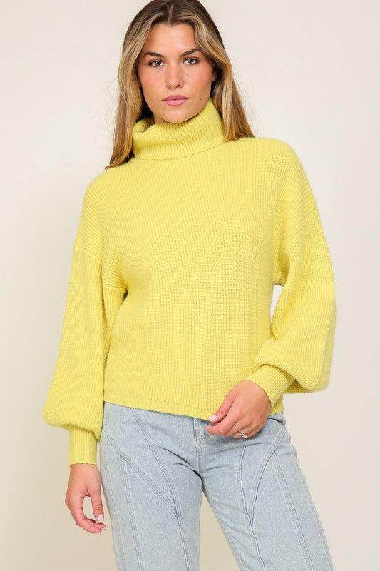 Lumiere Yellow Cozy Sweater with Turtleneck and Balloon Sleeves for Stylish Fall Wear