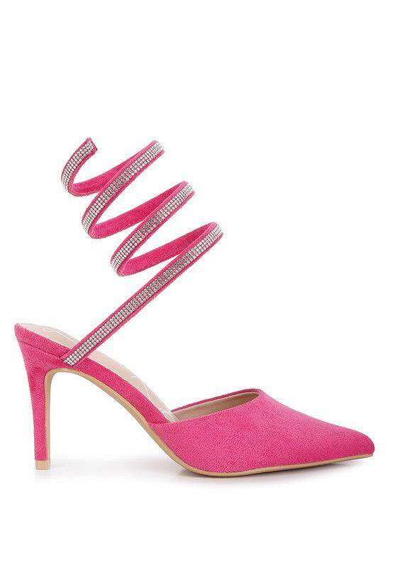Pink embellished strap heels by Rag Company with a stylish spiral design and elegant pointed toe
