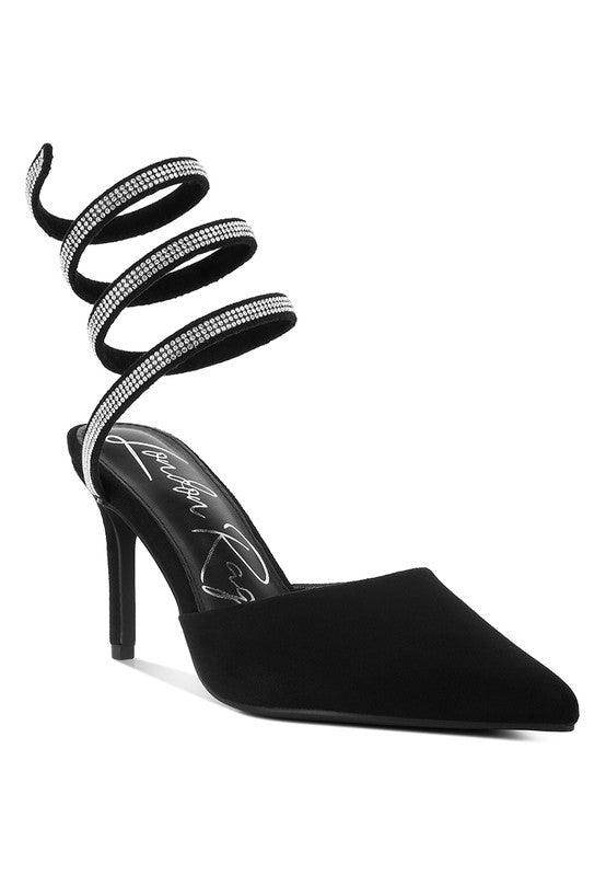 Elegant black heels with sparkling embellished strap, perfect for pairing with any outfit