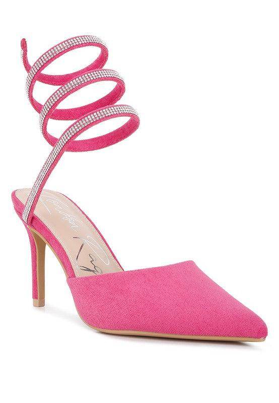 Pink embellished strap heels with a stylish spiral design for a trendy look