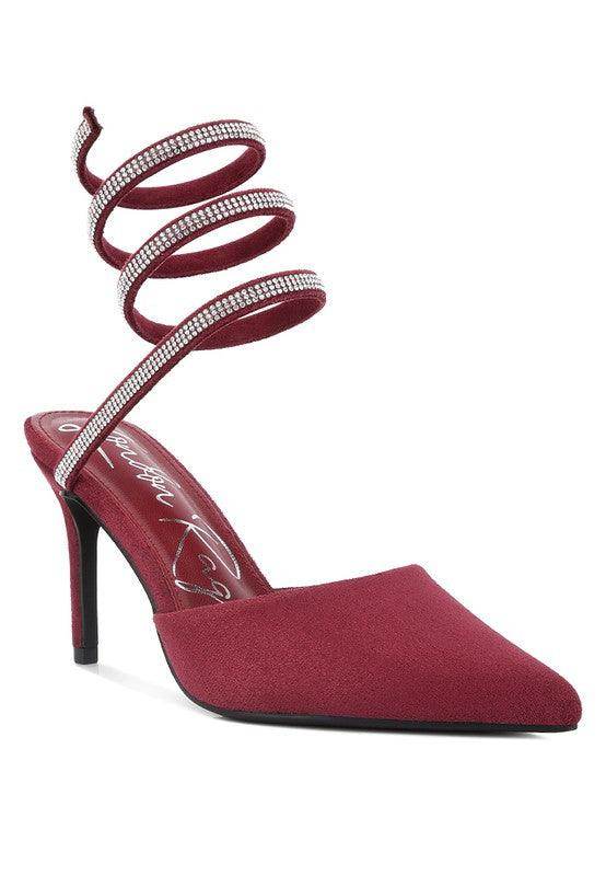 Stylish pink embellished strap heels by Rag Company with a pointed toe and spiral ankle strap