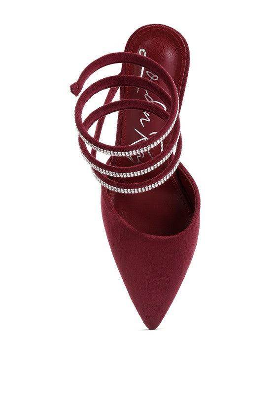 Stylish pink embellished strap heels for women with a pointed toe design and elegant straps