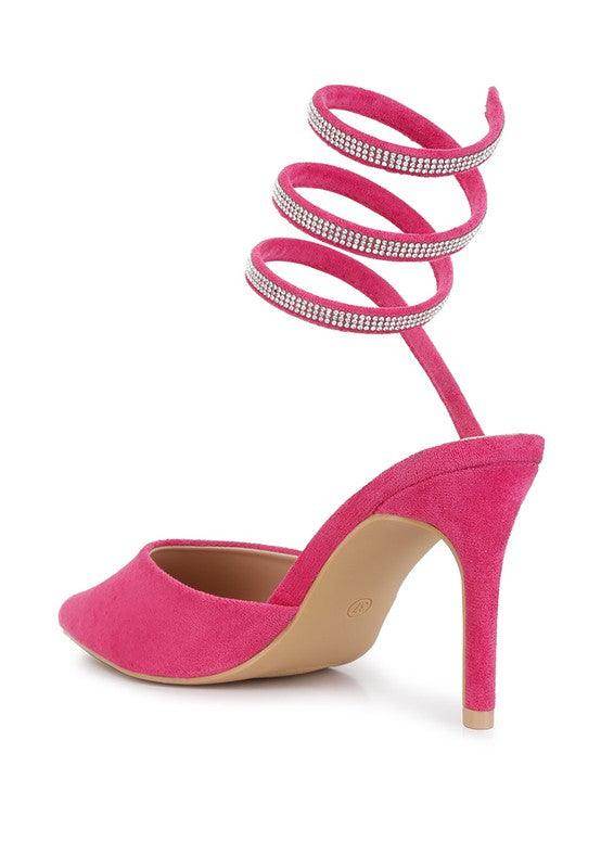 Pink embellished strap heels with a stylish spiral design for elegant women's footwear