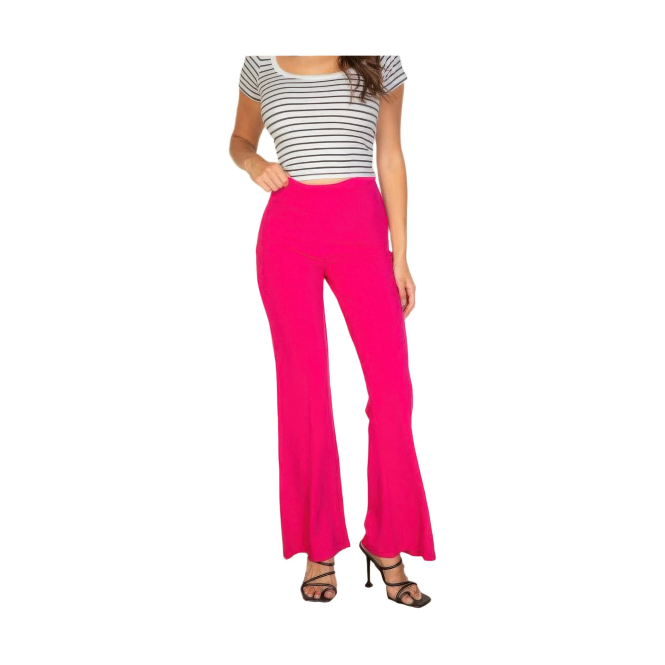 VacationGrabs pink flare trousers for women styled with striped top and black heels