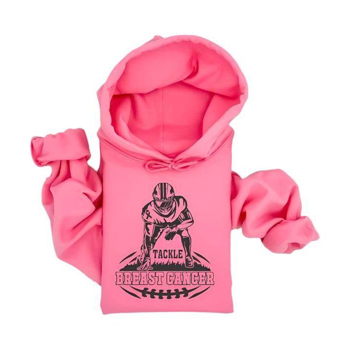Pink football hoodie for awareness featuring a player tackling breast cancer with bold graphics