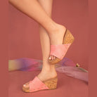 Pink leather wedge sandals for women with cork platform and stud details by Makers Shoes