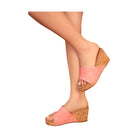 Pink leather wedge sandals for women with cork heel and studded detailing by Maker's Shoes