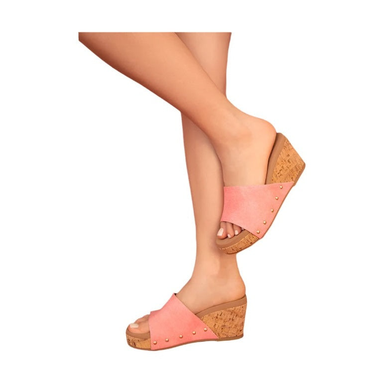 Pink leather wedge sandals for women with cork heel and studded detailing by Maker's Shoes