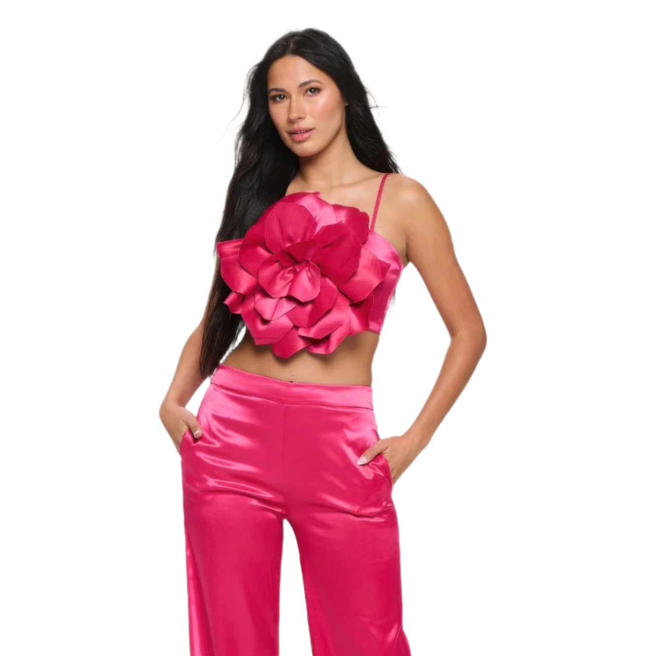 Women's pink satin crop top and wide leg pants set with floral detail from VacationGrabs